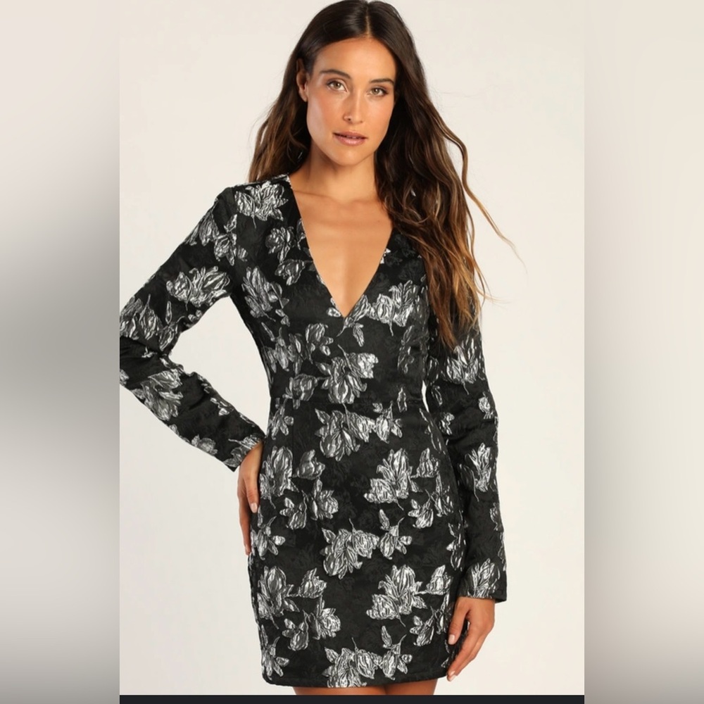 Black and Silver Floral Jacquard Mini Dress
